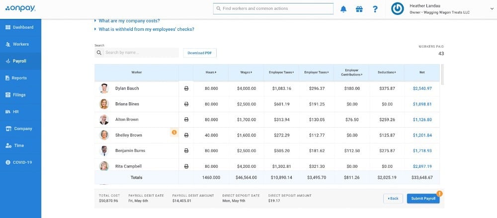 OnPay payroll management view