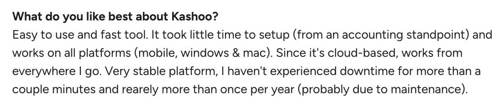 An example customer review of Kashoo from G2.