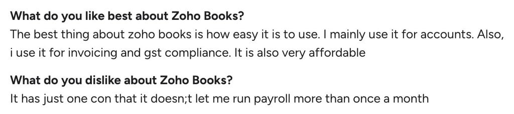 An example customer review of Zoho Books from G2.
