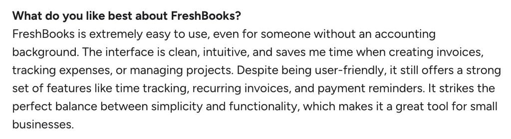 An example customer review of FreshBooks from G2.
