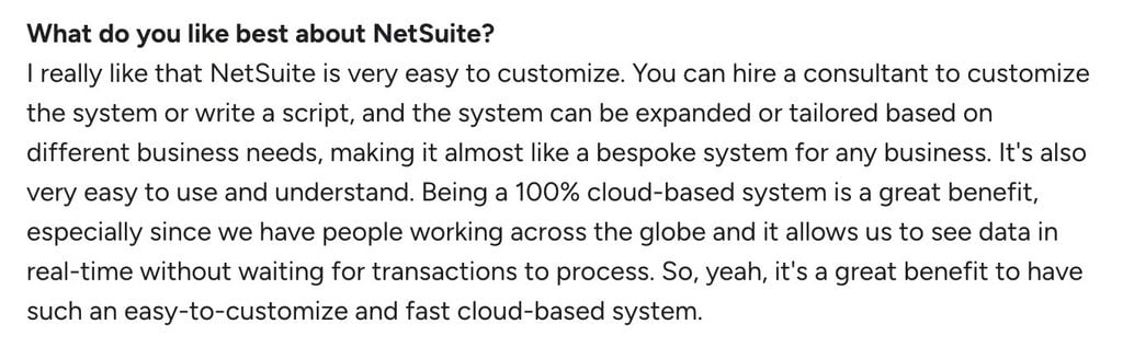 An example customer review of NetSuite from G2.