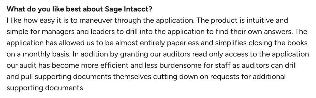 An example customer review of Sage Intacct from G2.