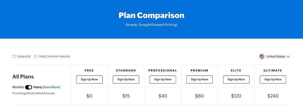 A screenshot of Zoho Books’ pricing plans.