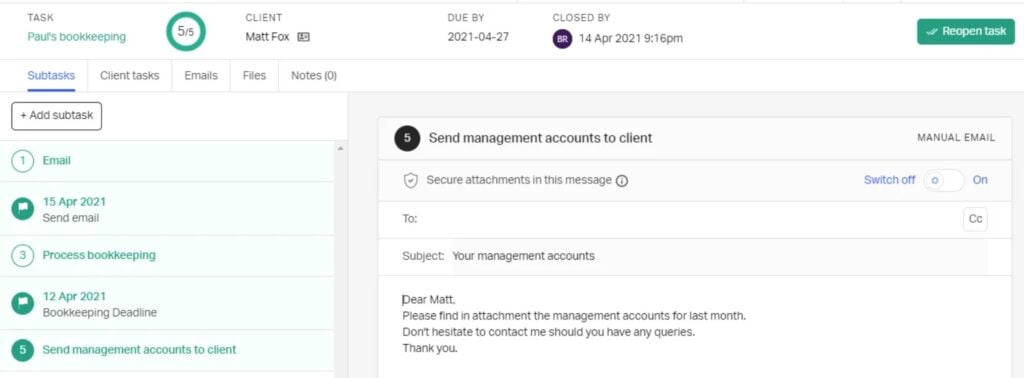 A view of task management in Pixie with subtasks for team members to work through.