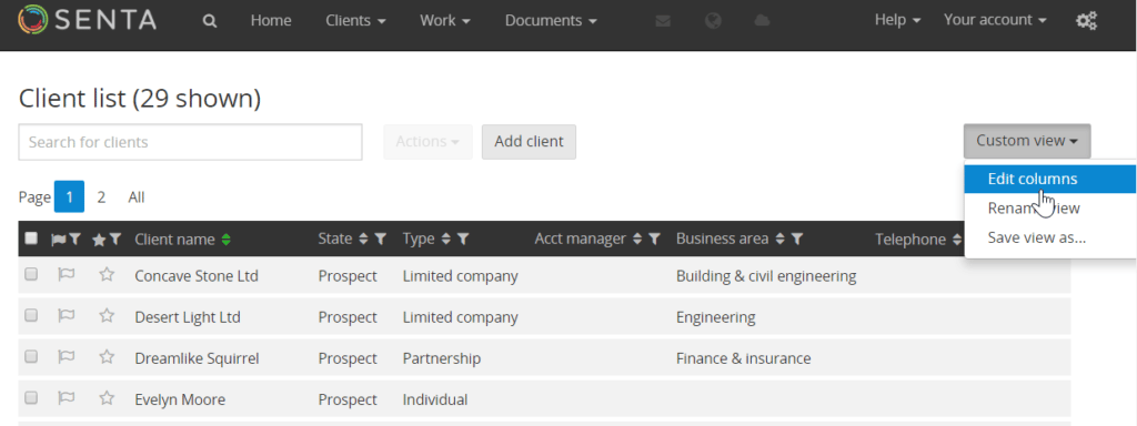 A screenshot of the Client list dashboard in Senta.