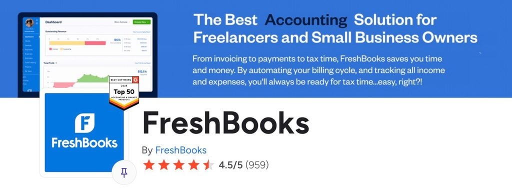 A screenshot of FreshBooks’ average G2 review score.