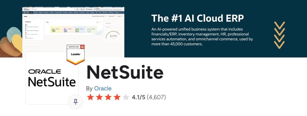 A screenshot of NetSuite’s average G2 review score.