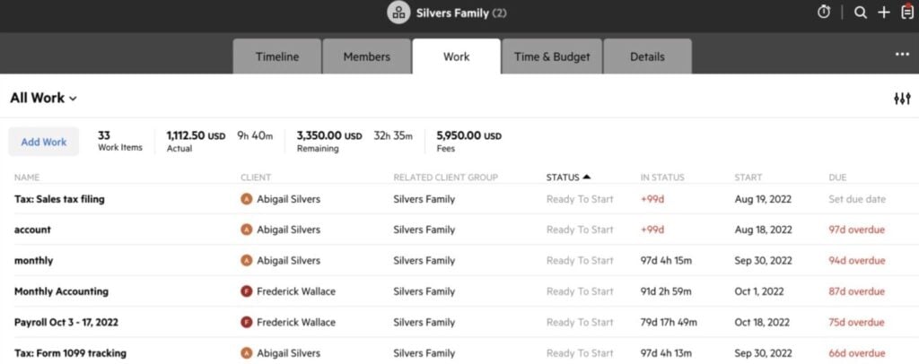 A list of work assigned to a client group in Karbon.