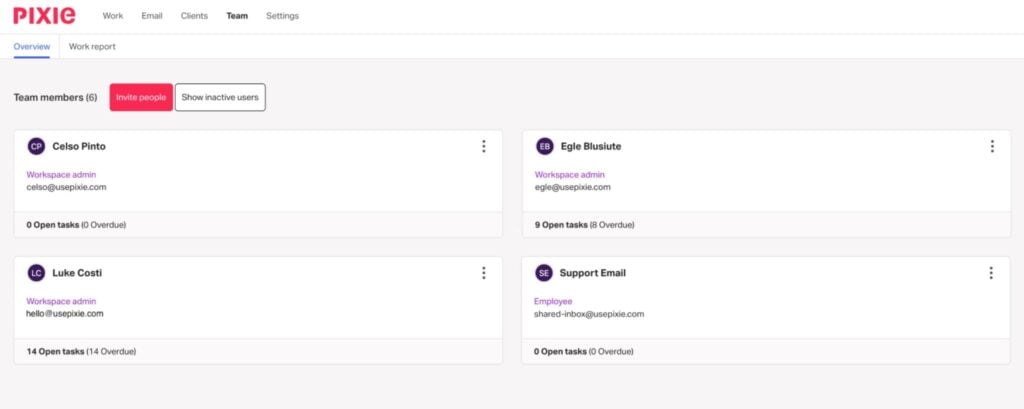 A view of team members under the Teams dashboard in Pixie.