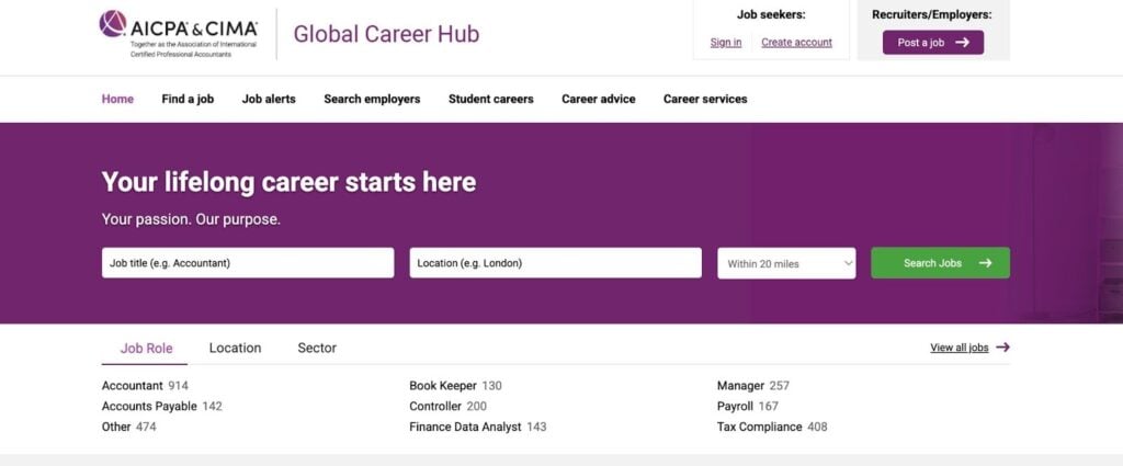 Listing jobs on AICPA Career Center for Certified Professional Accountants (CPAs).