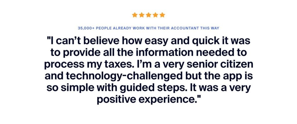 A five-star review of the TaxDome client app praising its speed and ease of use.