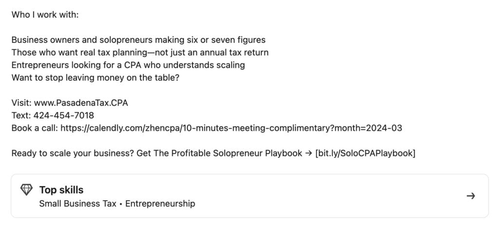 An example of a CTA for your LinkedIn summary.