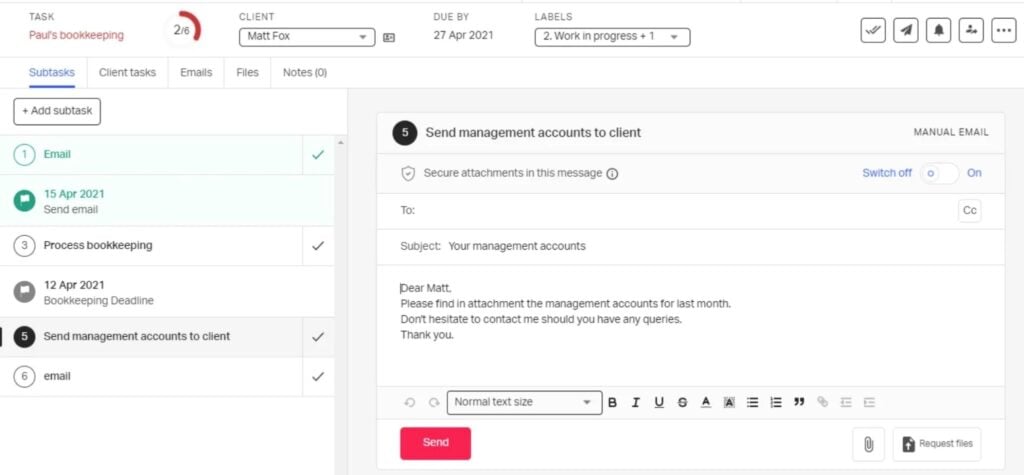 A screenshot showing how accountants work through tasks in Pixie.
