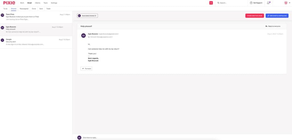 A screenshot of Pixie’s shared inbox feature.
