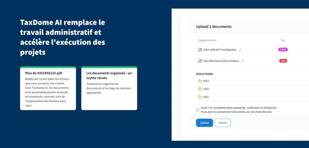 TaxDome AI renomme automatiquement les fichiers de documents des clients et les étiquette pour une organisation instantanée.
