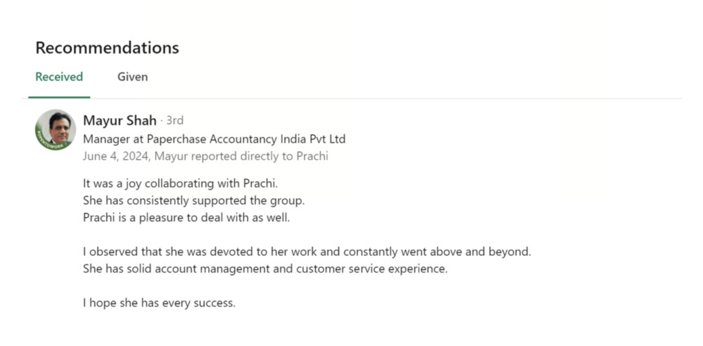 An example of a recommendation on LinkedIn.