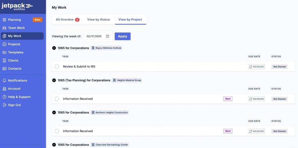 Jetpack Workflow project task view.