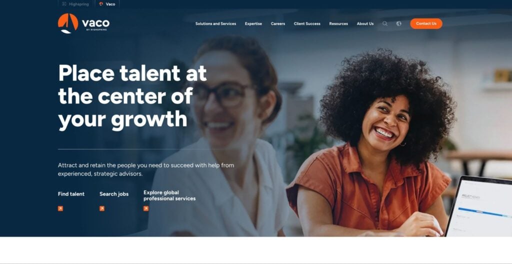 A screenshot of the homepage on Vaco’s website.