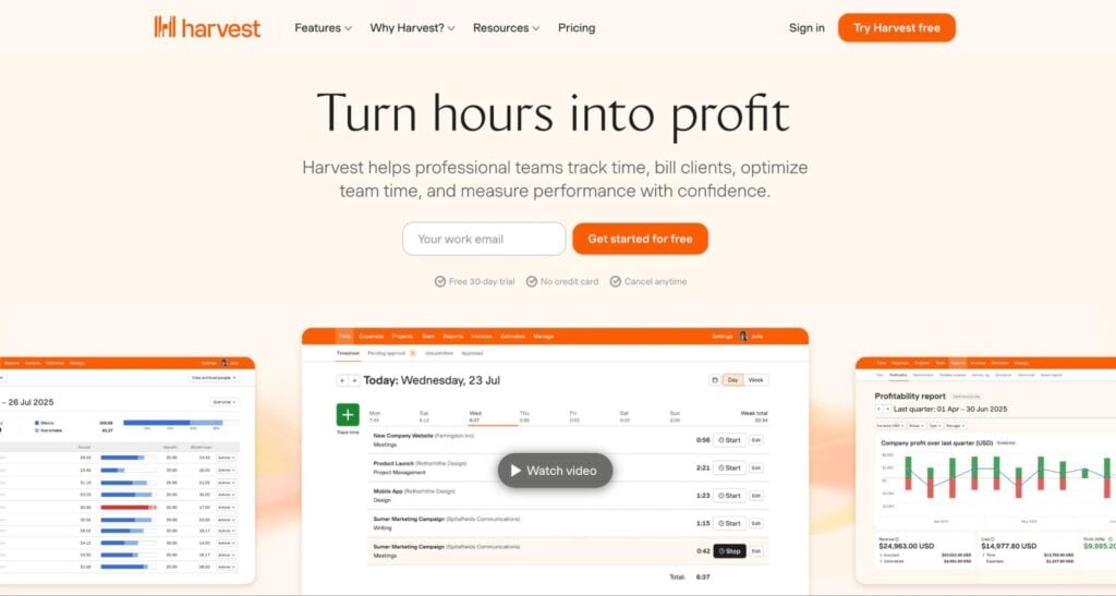 A screenshot of Harvest’s website showing its time tracking software.