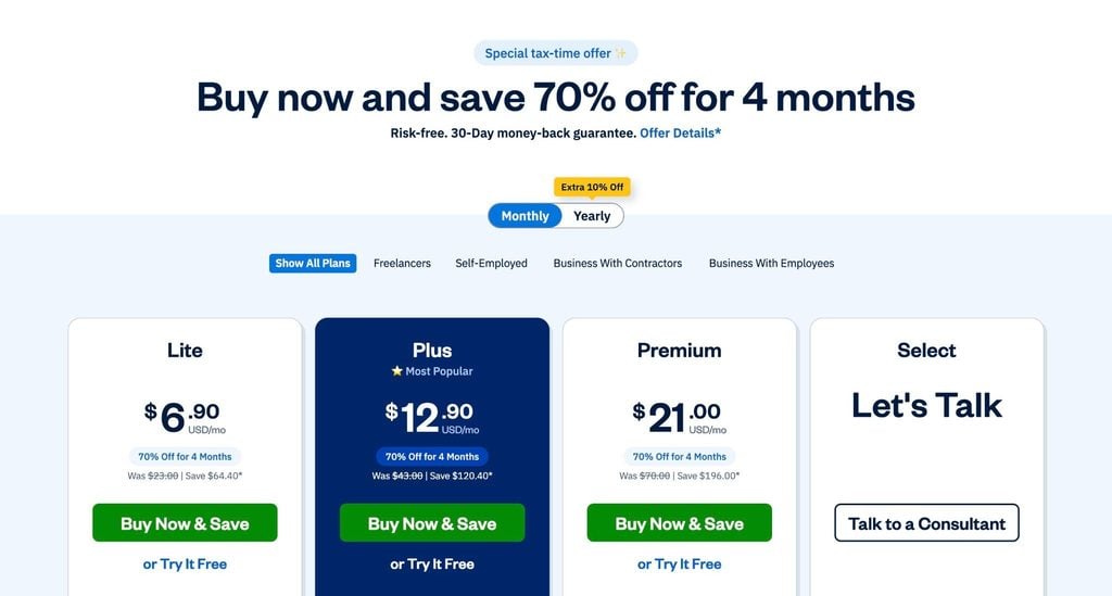A screenshot of FreshBooks’ pricing page.