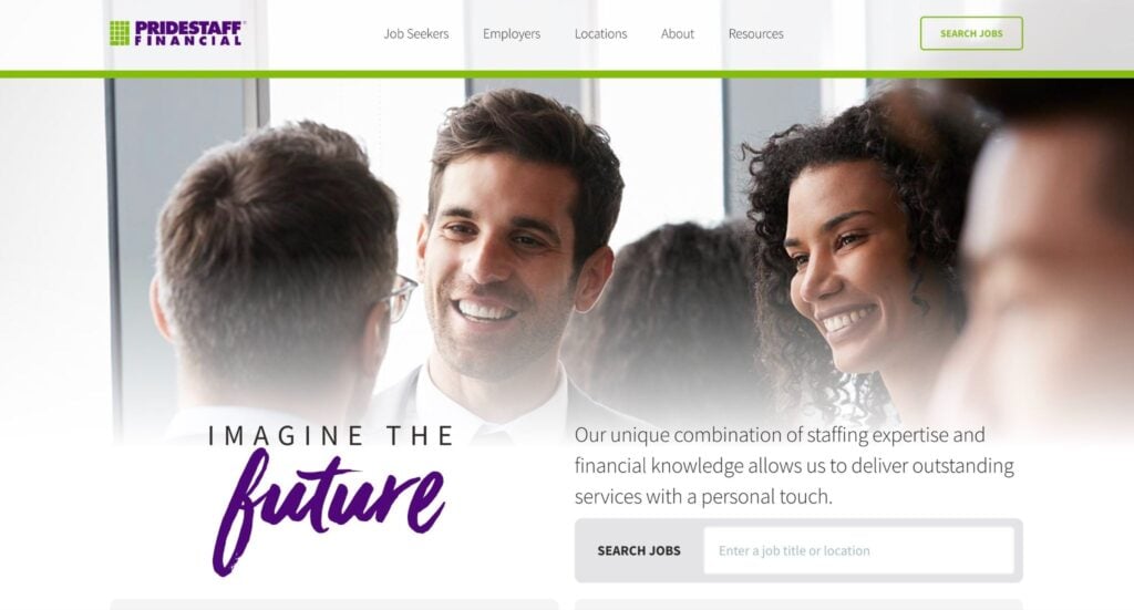 A screenshot of the homepage on PrideStaff Financial’s website.