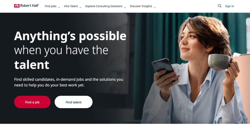 A screenshot of the homepage on Robert Half’s website.