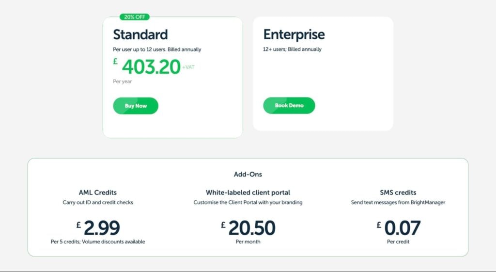 A screenshot of BrightManager’s pricing details.