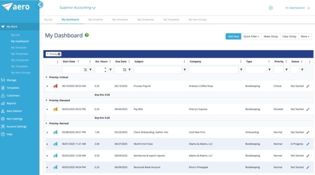Aero Workflow main dashboard.