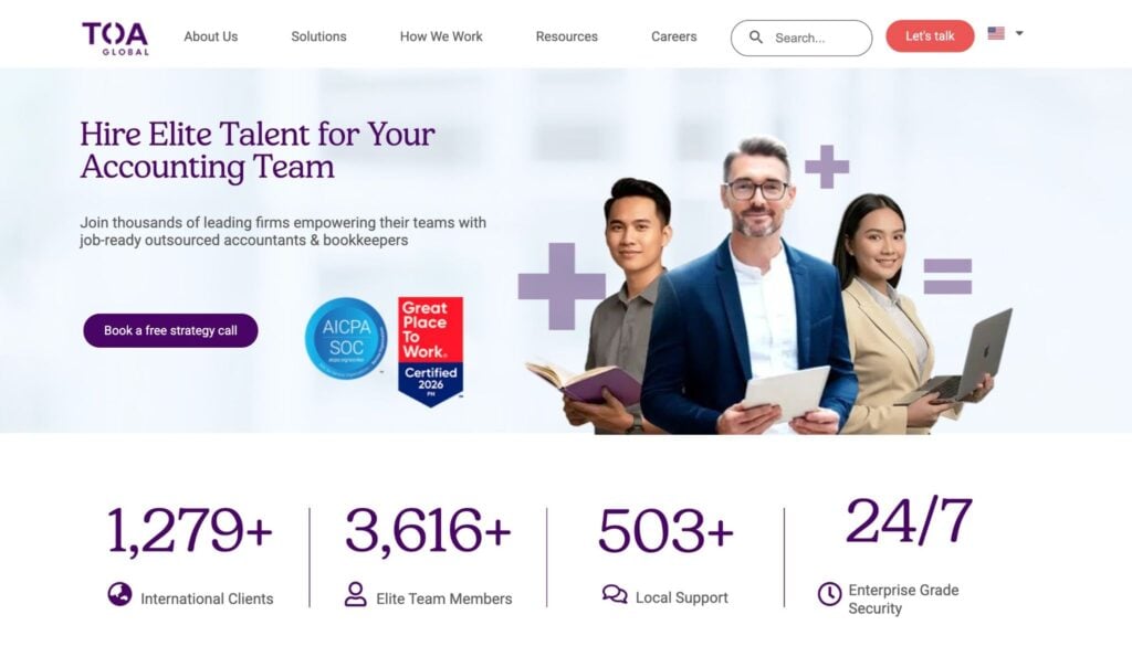 A screenshot of the homepage on TOA Global’s website.