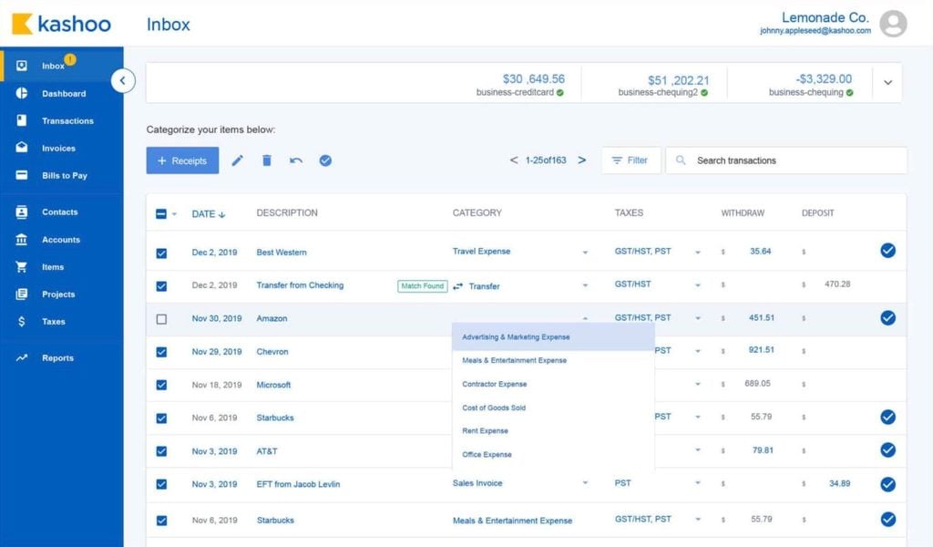 A screenshot of Kashoo’s accounting software interface.