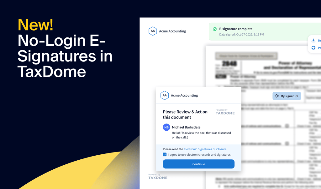 Faster document signing with no-login option in TaxDome’s e-signatures