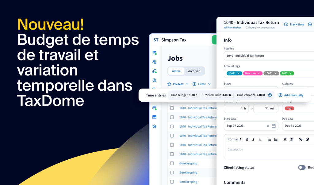 Nouveau : budget de temps de travail et variation temporelle dans TaxDome — libérez la productivité et la rentabilité basées sur les données
