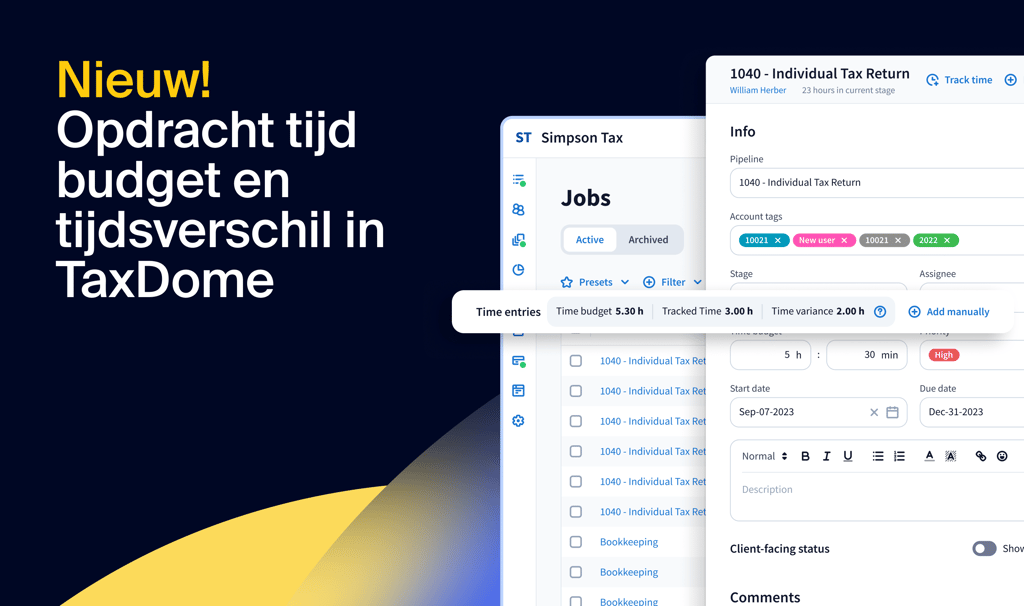 Nieuw: Opdracht tijdbudget en tijdsverschil in TaxDome — maak datagestuurde productiviteit en winstgevendheid vrij