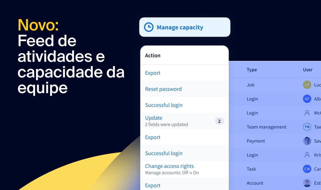 Novo: Feed de atividades e capacidade da equipe – acompanhe todas as atividades da sua empresa e maximize o desempenho da equipe