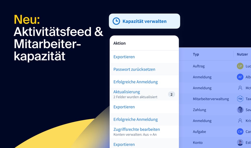 Neu: Aktivitätsfeed und Mitarbeiterkapazität — Verfolgen Sie Aktivitäten und optimieren Sie Mitarbeiterperformance kanzleiweit