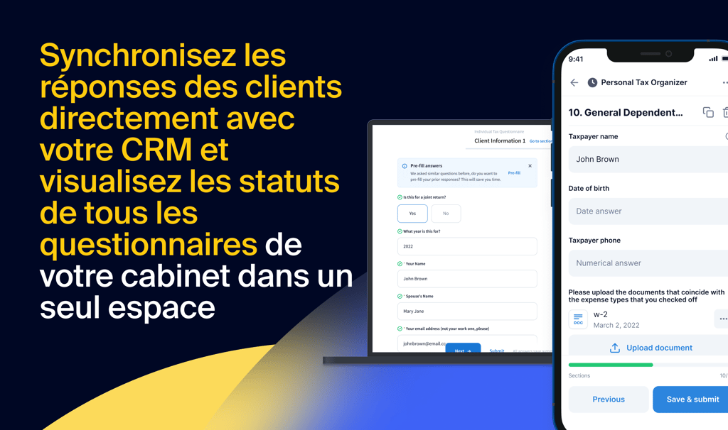 Synchronisez les réponses des clients directement avec votre CRM et visualisez les statuts de tous les questionnaires de votre cabinet dans un seul espace.