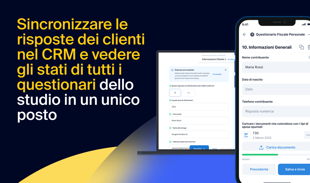 Sincronizzare le risposte dei clienti direttamente con il CRM e visualizzare gli stati di tutti i questionari dello studio in un unico posto