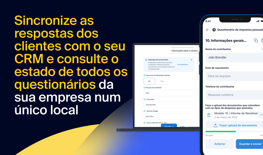 Sincronize as respostas dos clientes diretamente com o seu CRM e consulte o estado de todos os questionários da sua empresa num único local