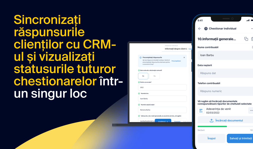 Sincronizați răspunsurile clienților direct în CRM și urmăriți statusurile tuturor chestionarelor din firmă într-un singur loc