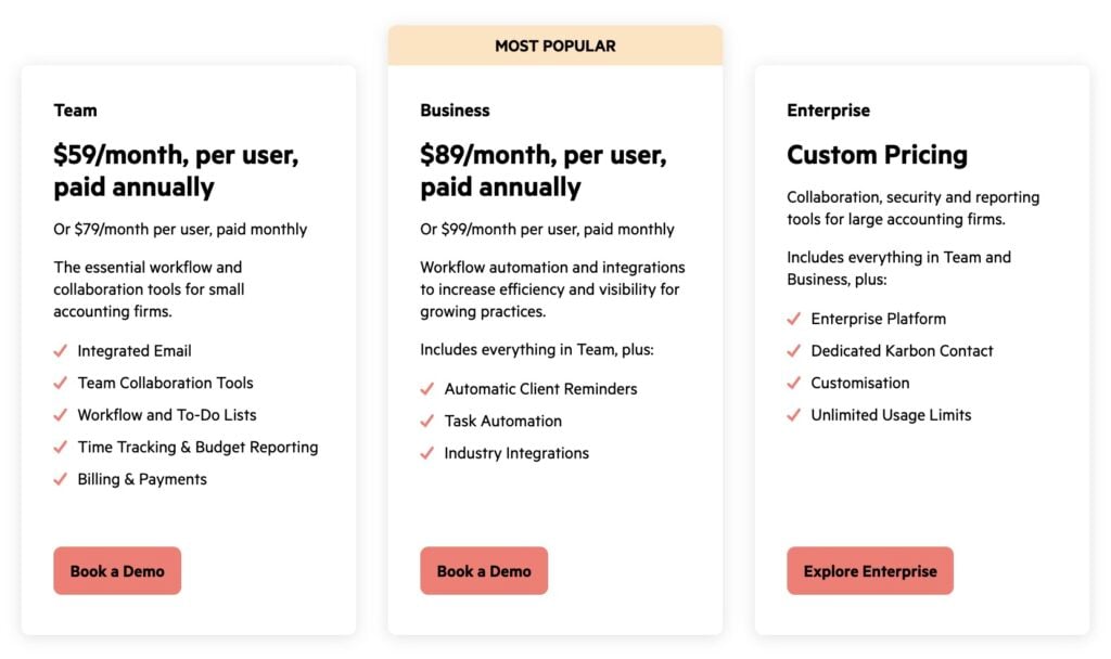 A screenshot showing Karbon’s plans and pricing.