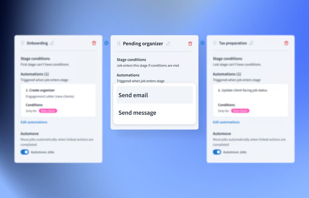 Screenshot of TaxDome automation stages with client follow-ups