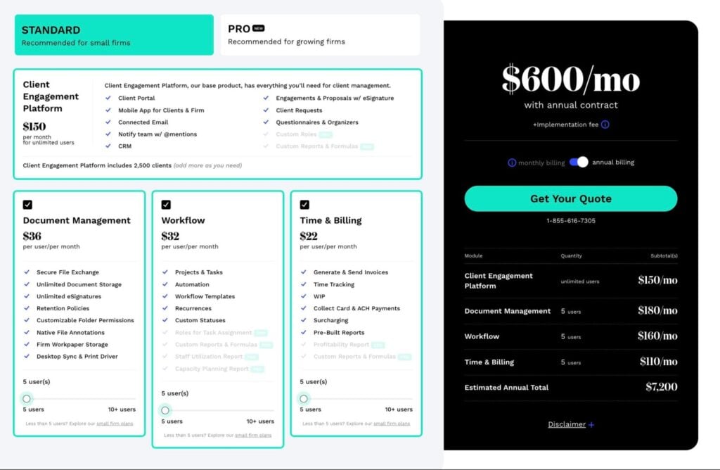 A screenshot showing Canopy’s plans and pricing.