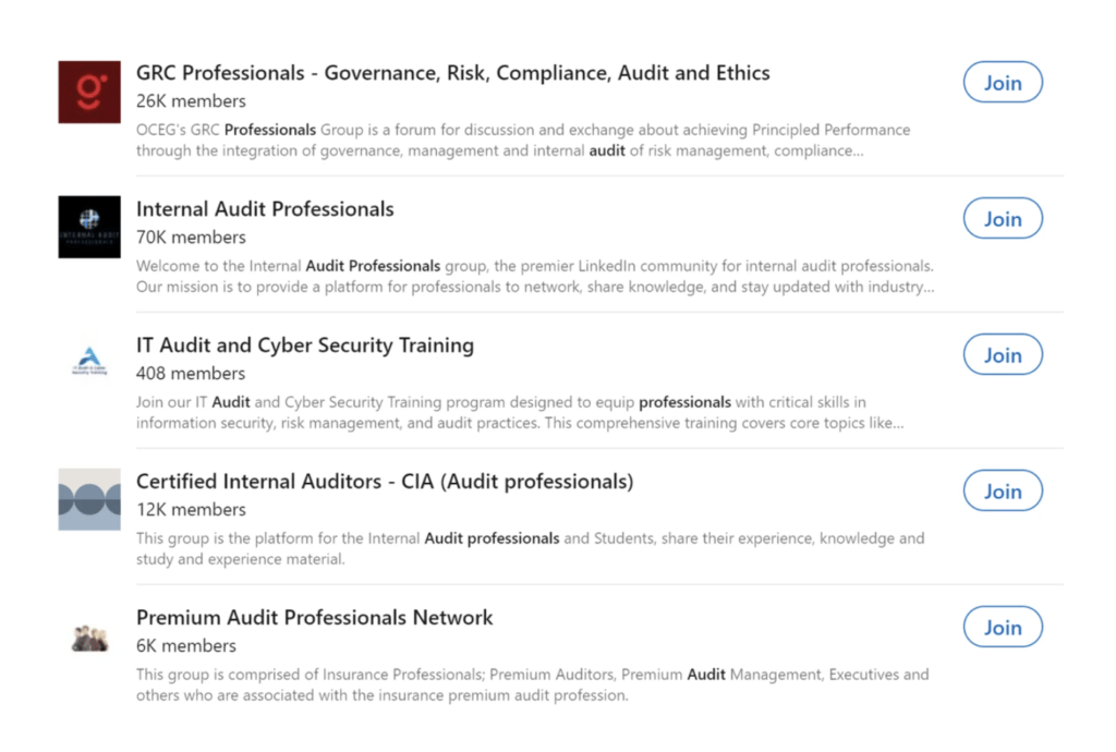 Search results for LinkedIn groups for audit professionals.