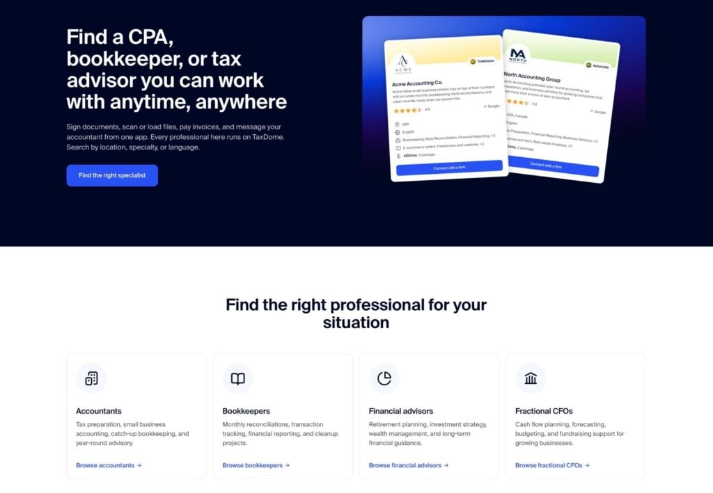 TaxDome Accountant and Advisor Finder homepage