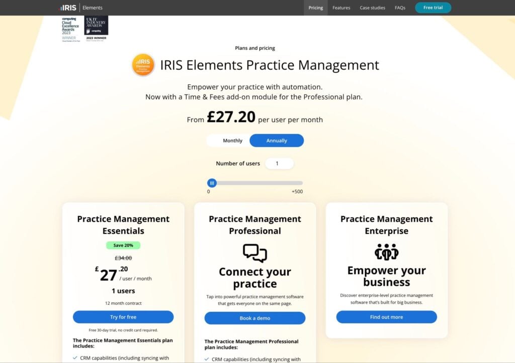 the pricing page for IRIS Elements, the current version of Senta.