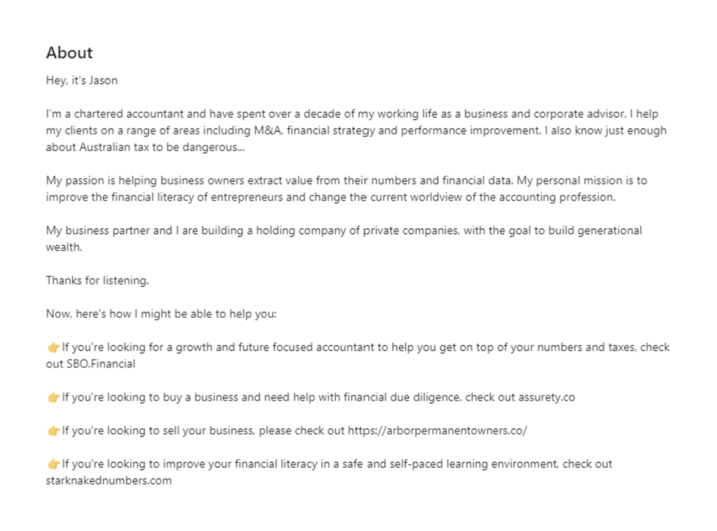 A good example of a well-written LinkedIn summary. 