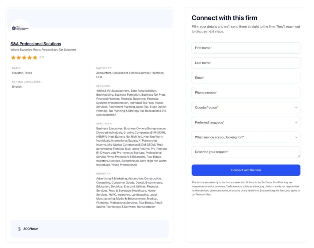 Connect with accountants and accounting firms directly from the TaxDome directory.