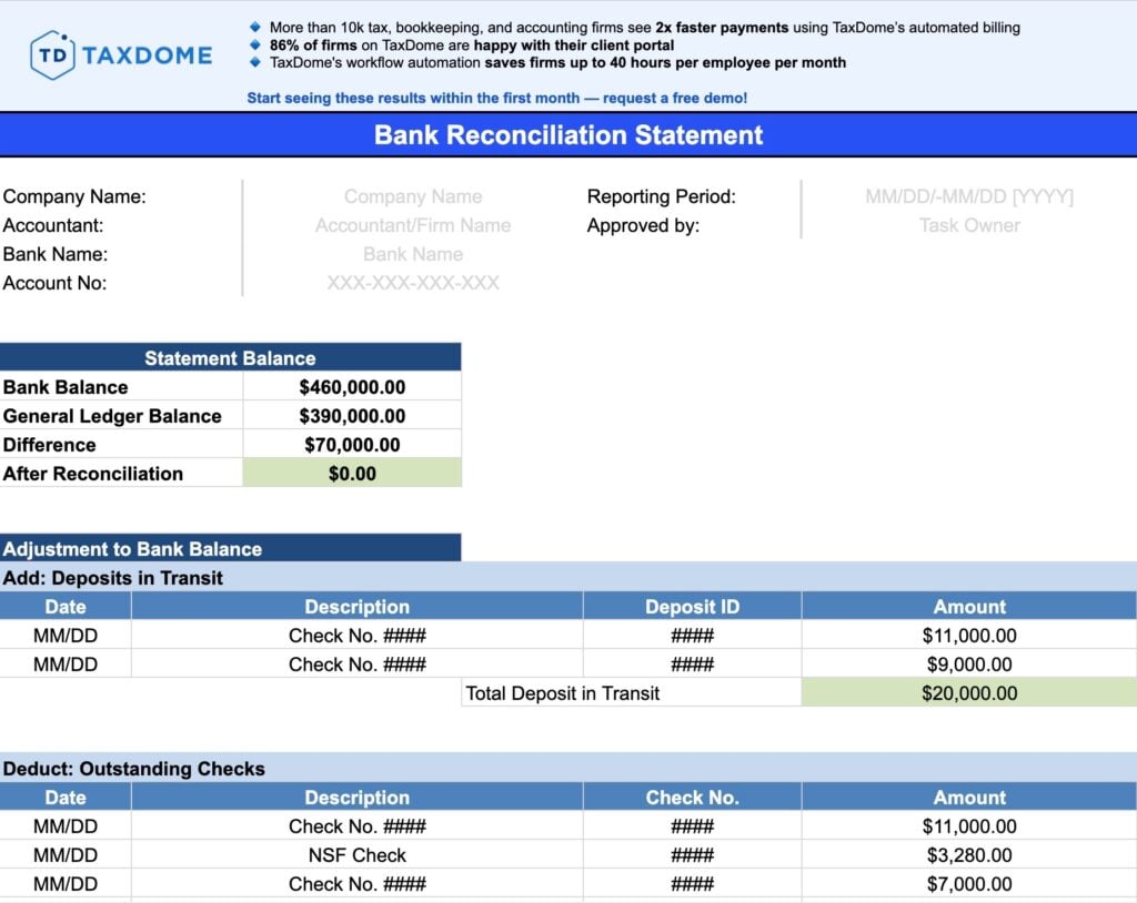 A preview of TaxDome’s free bank reconciliation template.