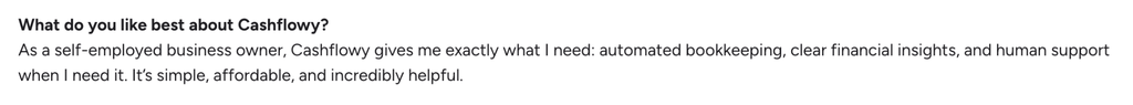 An example customer review of Cashflowy from G2.