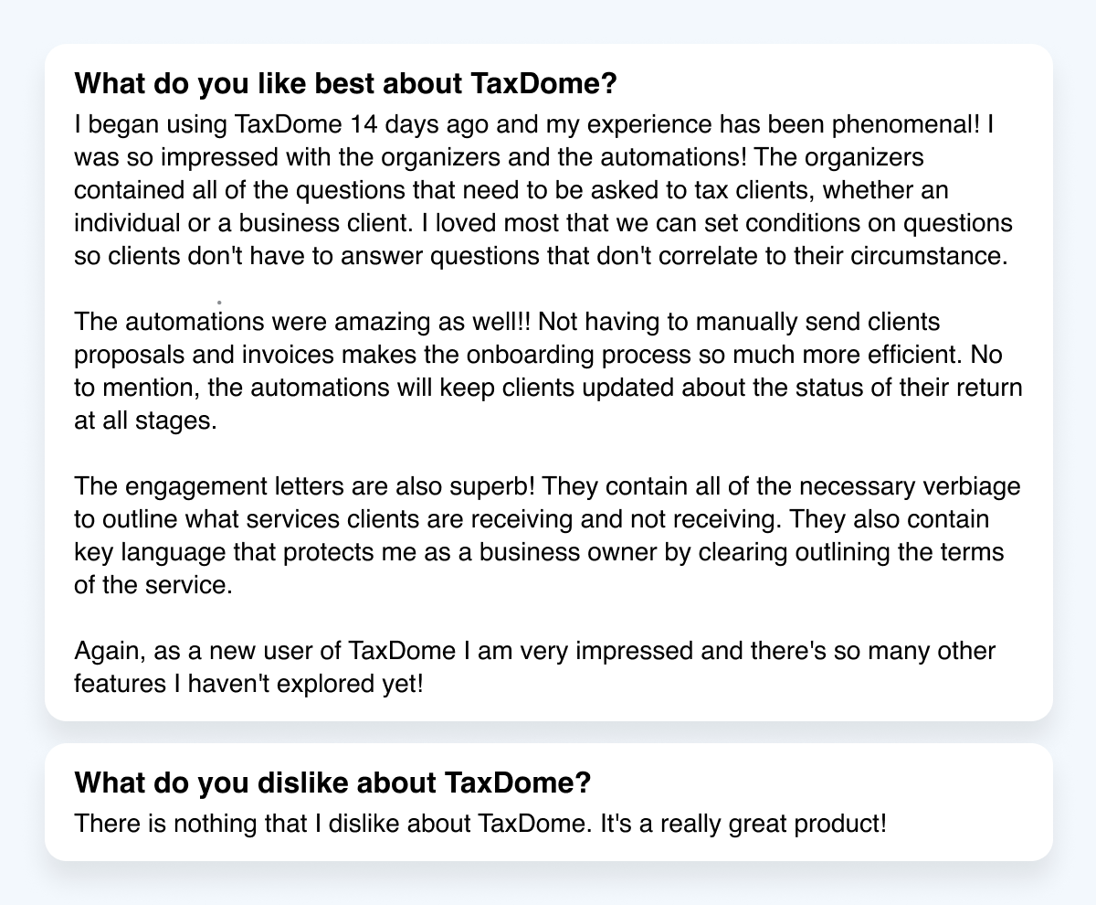 Screenshot of a user review listing things they like and dislike about TaxDome.
